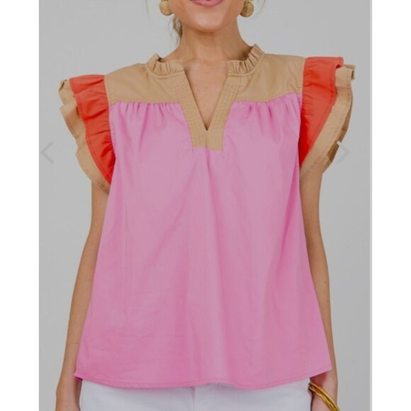 NWT Voy Kendra Colorblock Poplin Ruffle Sleeve Top In Pink~Khaki~Orange ~ SMALL - Picture 4 of 9